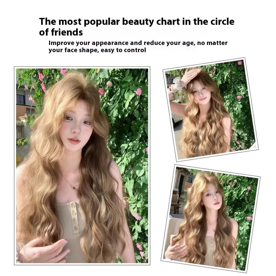 Linen brown medium-long curly synthetic wig on display stand with hair net