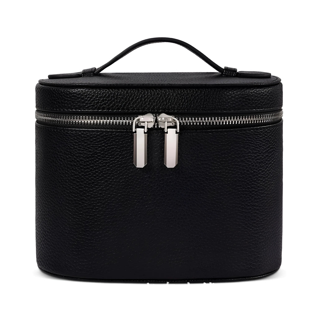 Removable elastic band cosmetic bag in retro tone PU, black colour, for travel and home storage