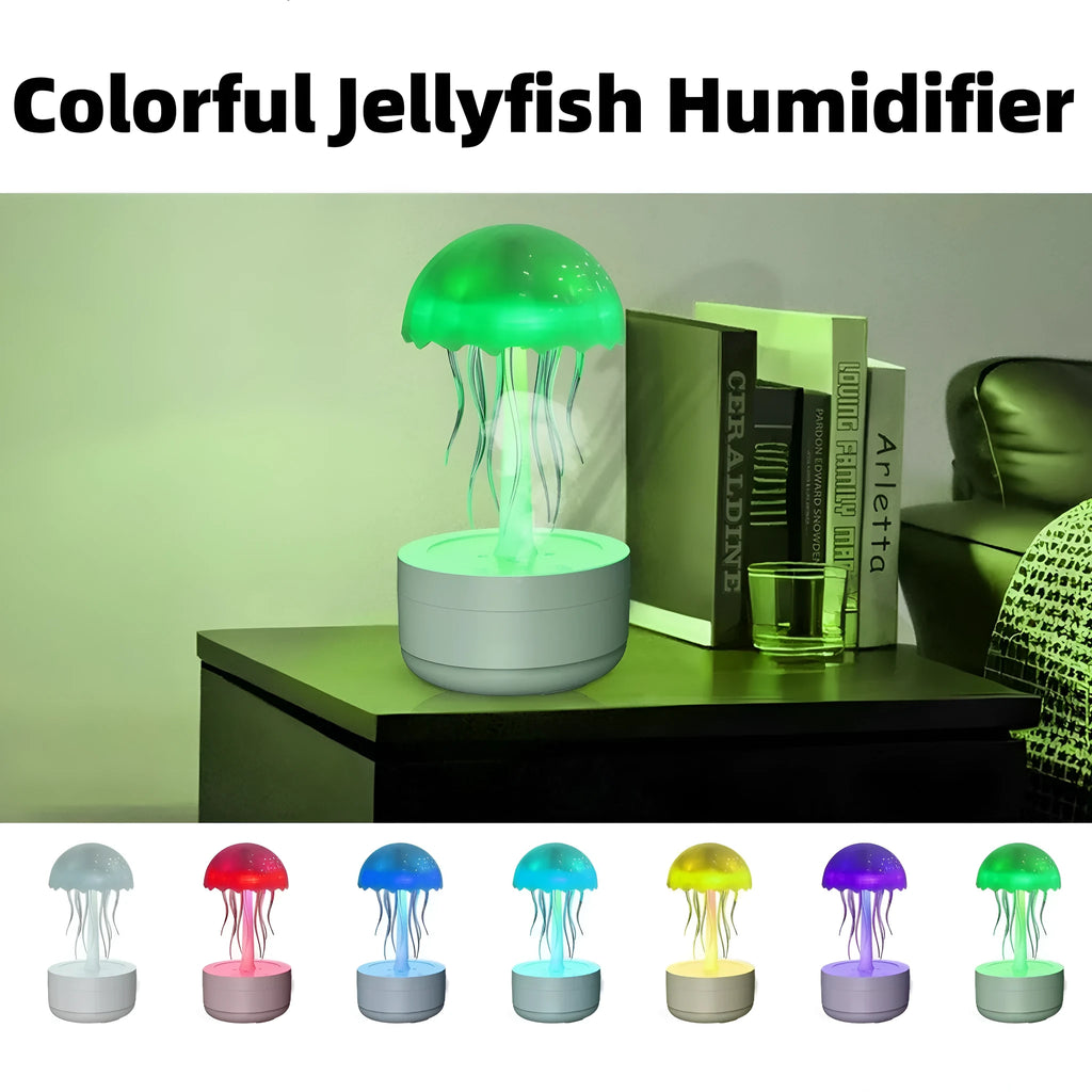 White jellyfish-shaped humidifier and essential oil diffuser with coloured LED lights and mist output.