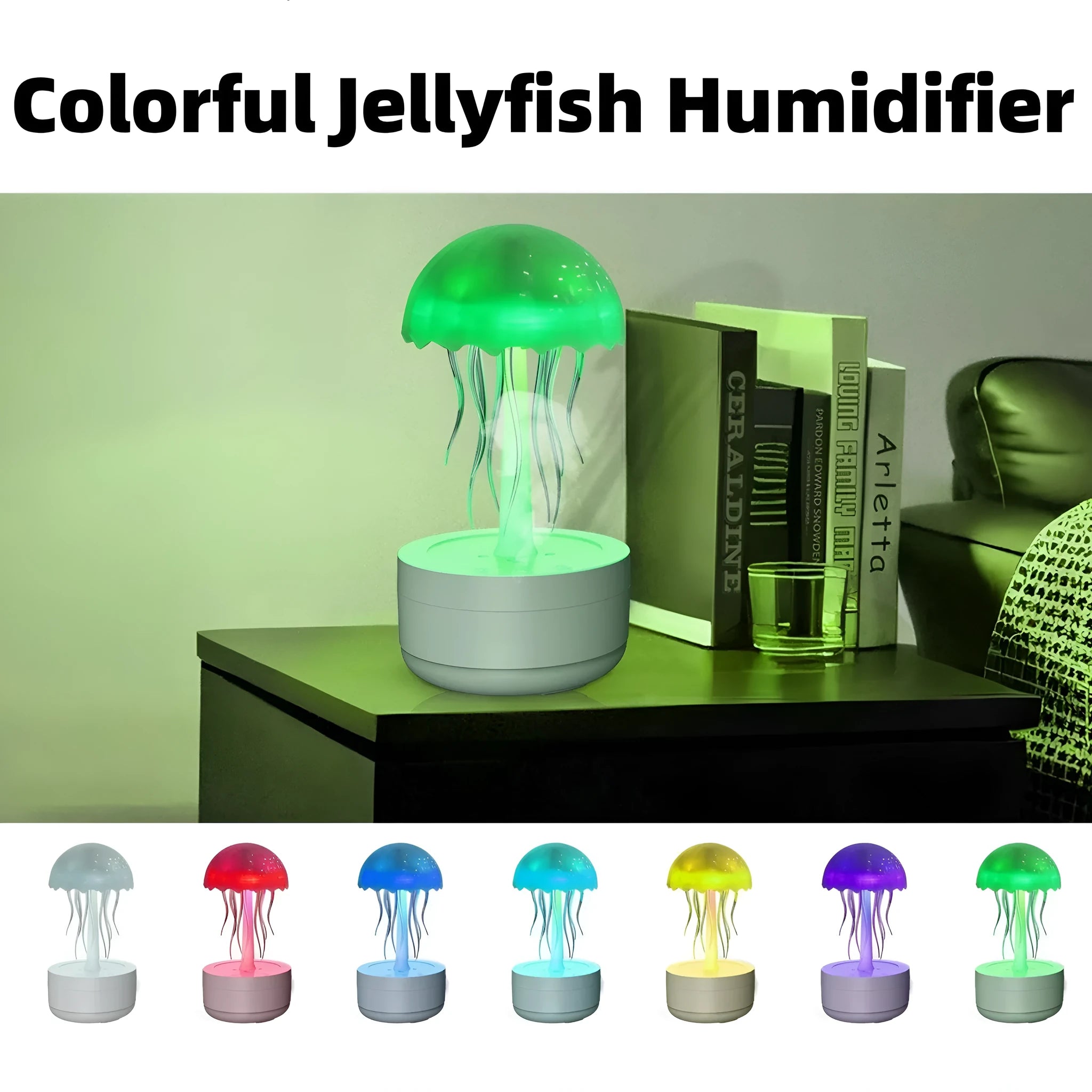 White jellyfish-shaped humidifier and essential oil diffuser with coloured LED lights and mist output.