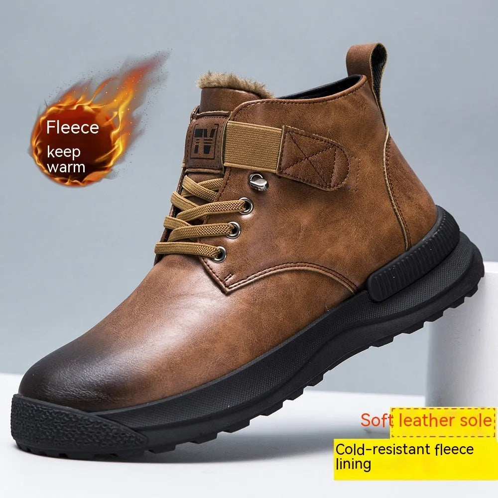 Black and brown high-top platform Martin boots for men with artificial PU leather upper and rubber sole