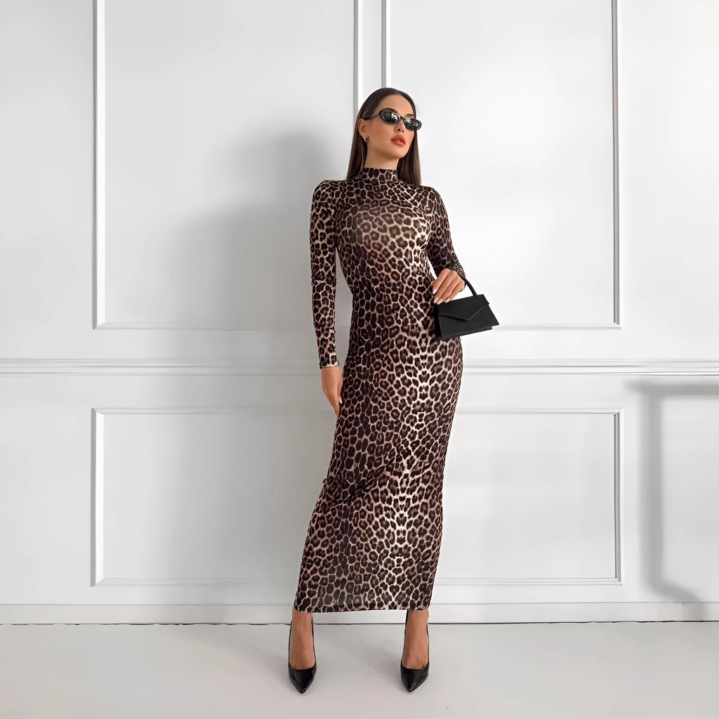 Leopard print long sleeve dress with stand collar and high waist hip skirt style in milk silk fabric