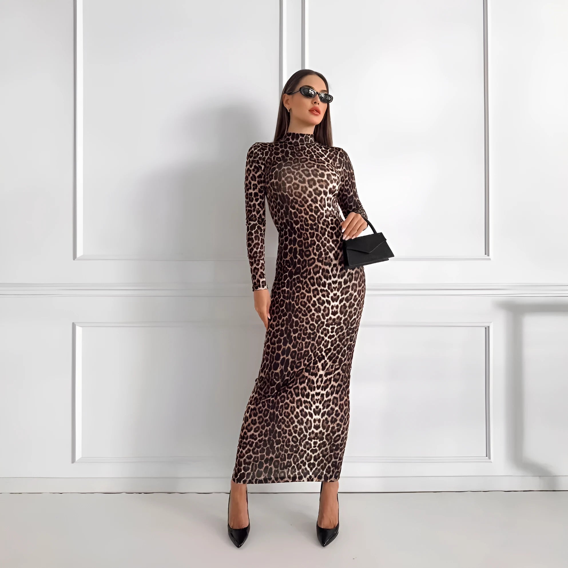 Leopard print long sleeve dress with stand collar and high waist hip skirt style in milk silk fabric
