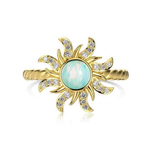 Women's silver ring with inlaid sun design and electroplated finish, shown in one of four colour options