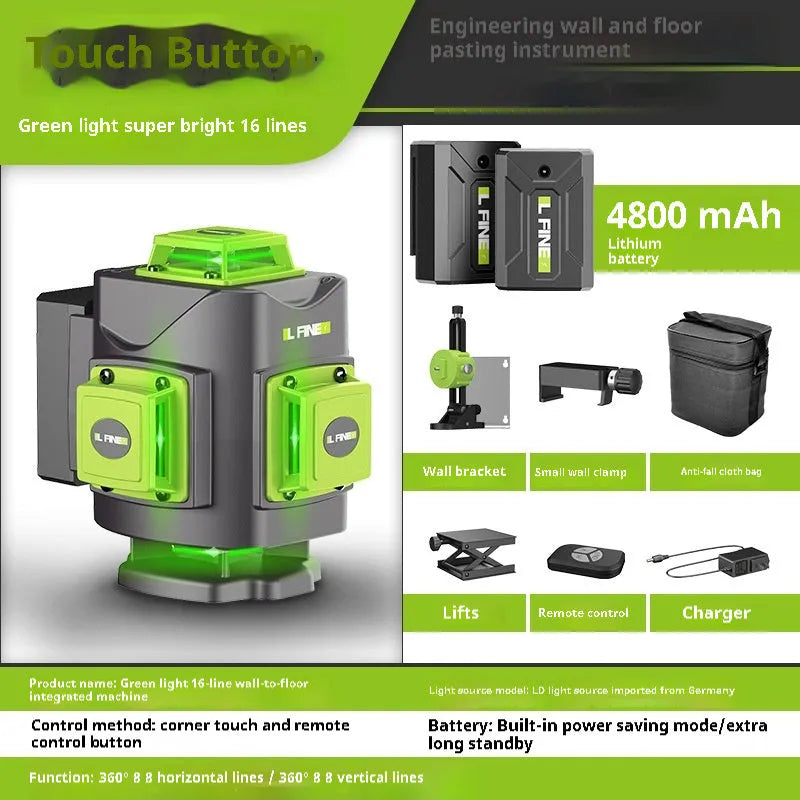 Green 16-line laser level tool with aluminium parts and nylon housing on a workbench.