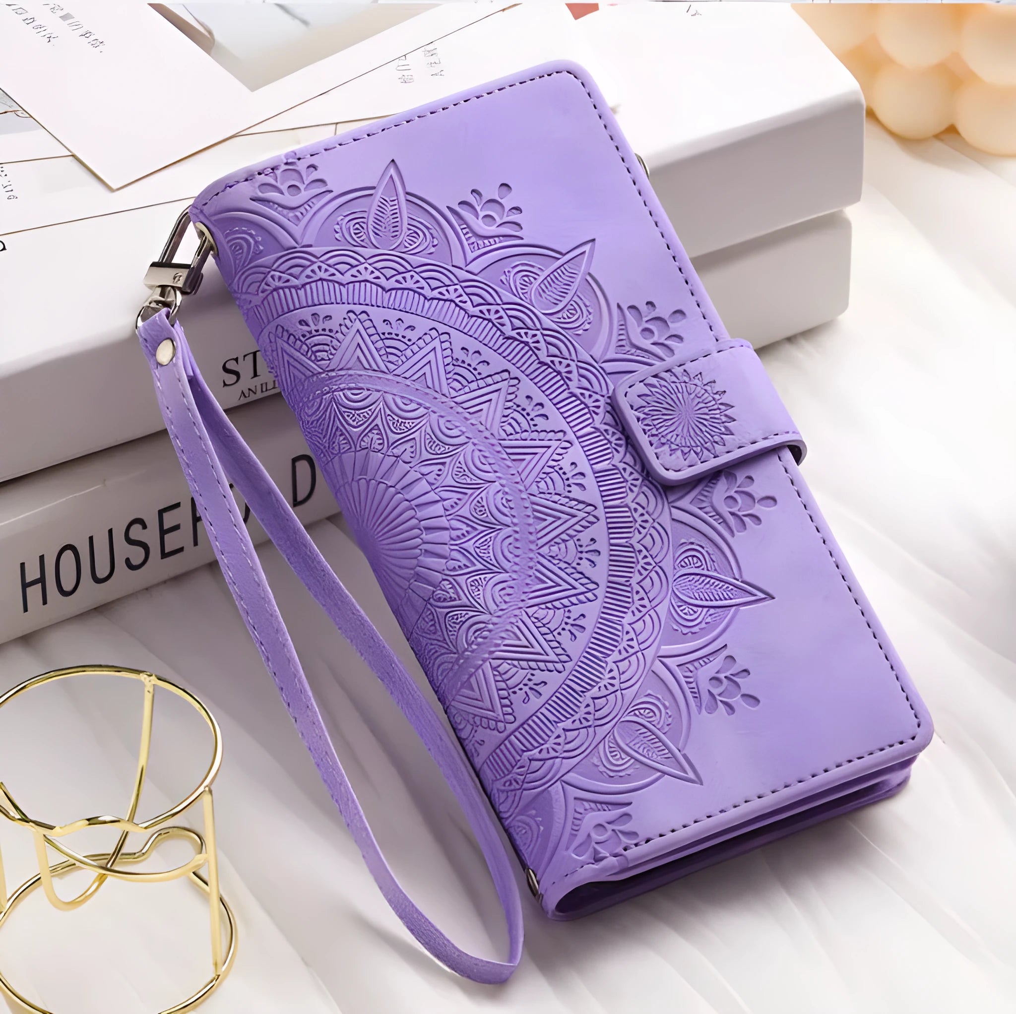 Faux leather card zipper phone case in purple with embossed texture and magnetic closure for iPhone 16