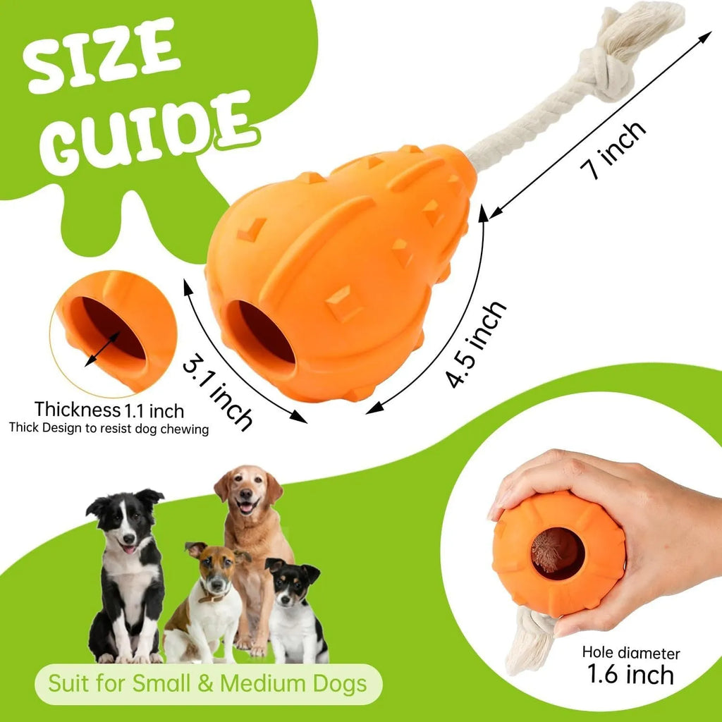 Natural rubber stuffable dog toy with a long strap for fetch and treat dispensing.