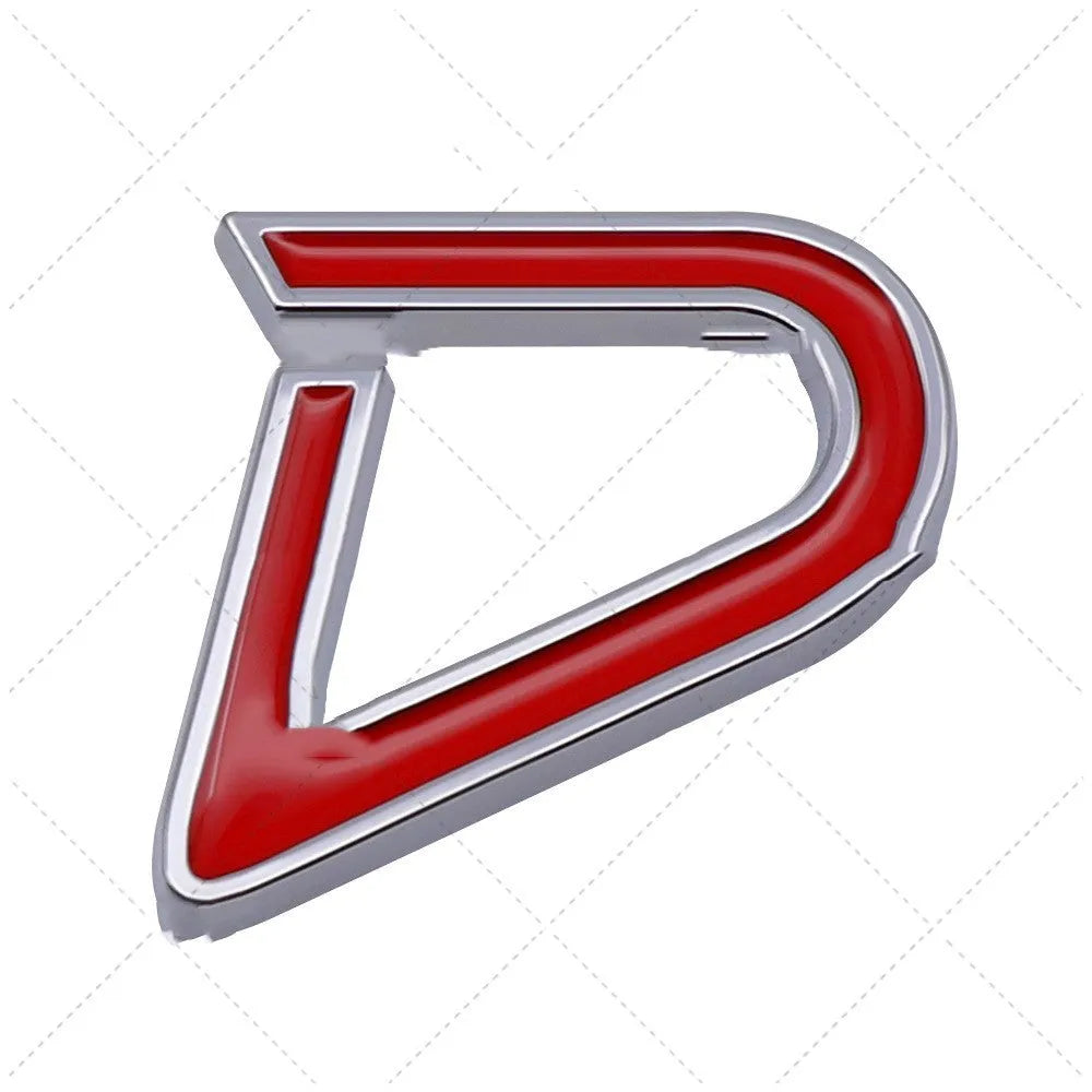 Metal car bumper sticker with SD design in red and silver colour scheme measuring 7.7 by 2.9 centimetres