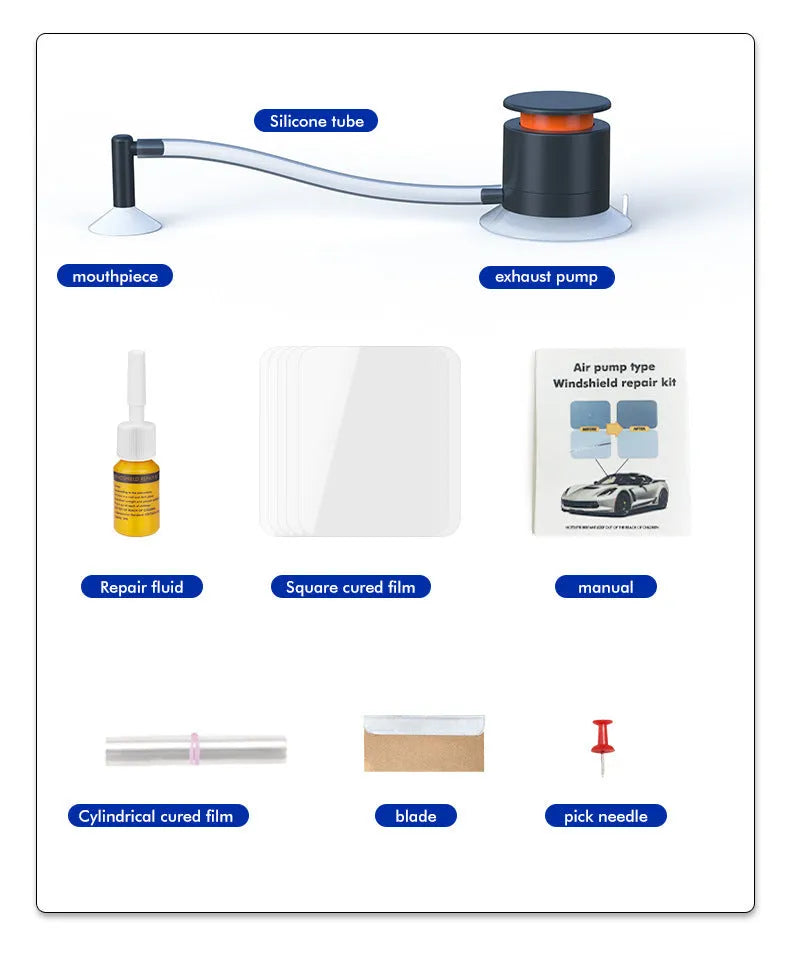 Plastic car windshield crack repair tool kit with broken glass corrector for DIY use.