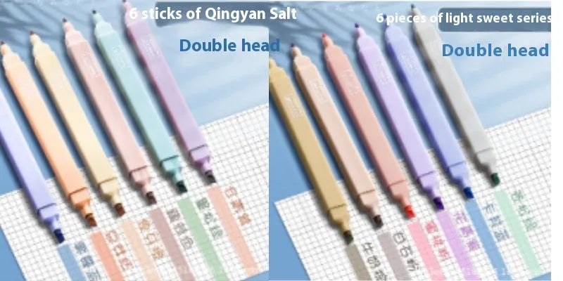 A pack of double-headed fluorescent marker pens showing their two distinct tips, available in mixed colours or themed sets.