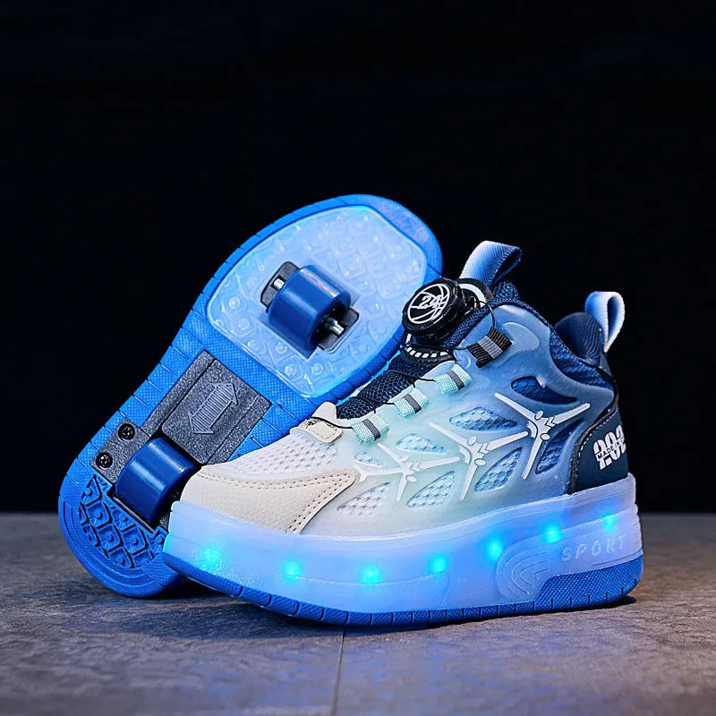 Children's striped knob roller skating shoes with rotating button fastening in blue, black or pink