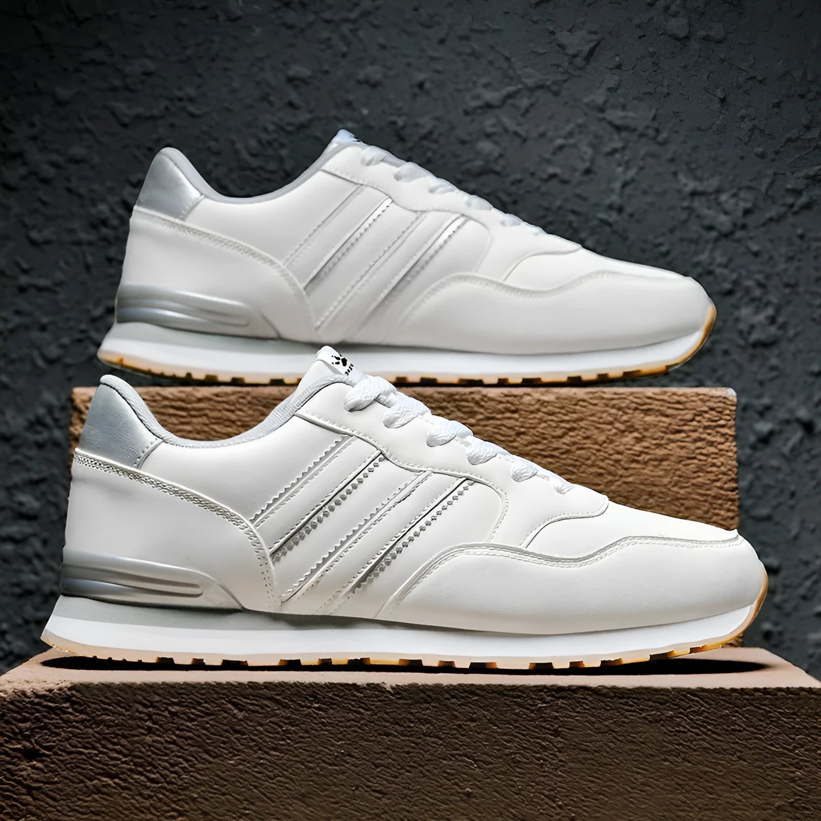 Men's casual running sports shoes with carved wing pattern in black and white space leather