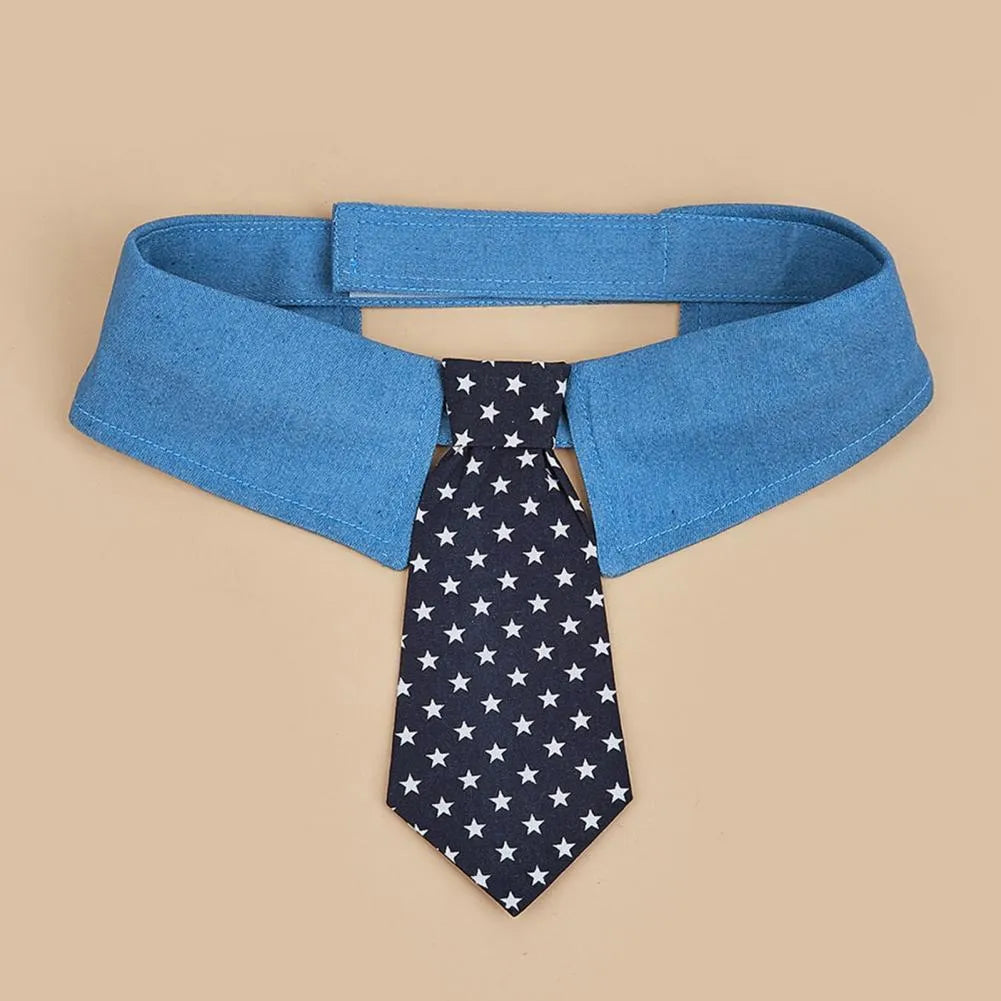Blue denim dog collar with white star pattern necktie, adjustable fastener tape, shown in three sizes