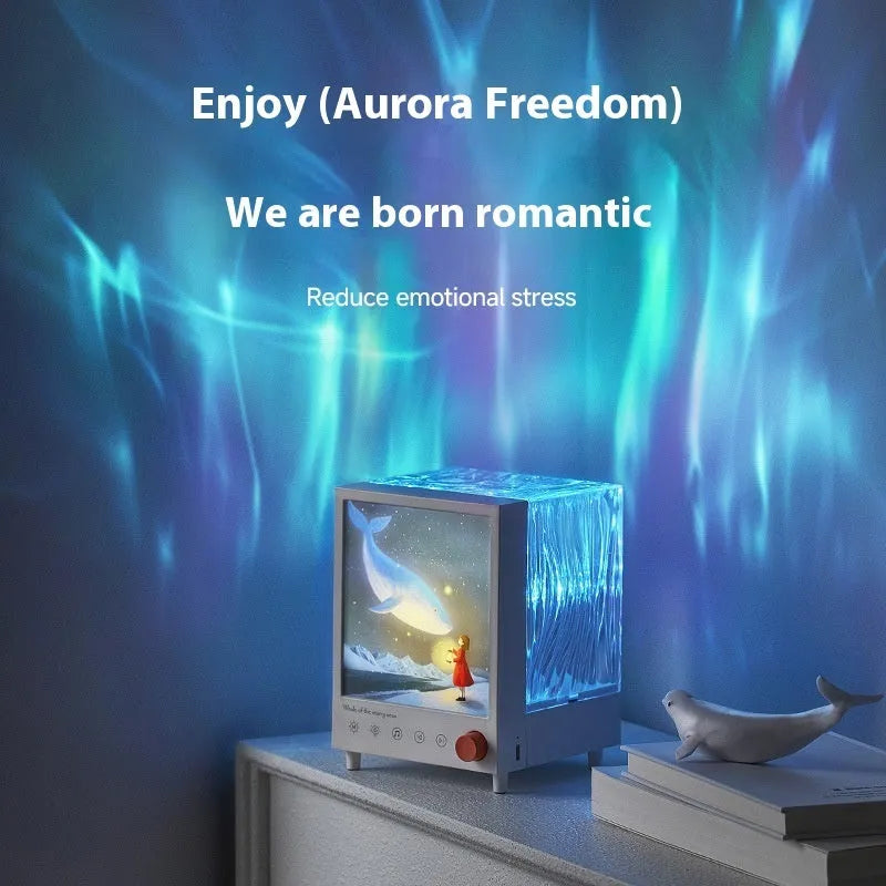 Aurora Treasure Box atmosphere projection lamp showing starry sky and whale light effects.