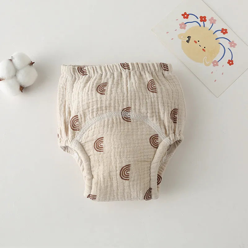 Gauze cotton baby training pants in pure cotton with waterproof layer, ring waist design
