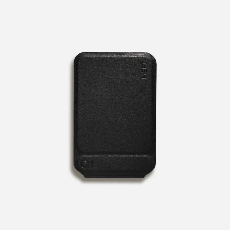 Black magnetic leather phone case with integrated stand, showing side profile and colour options.
