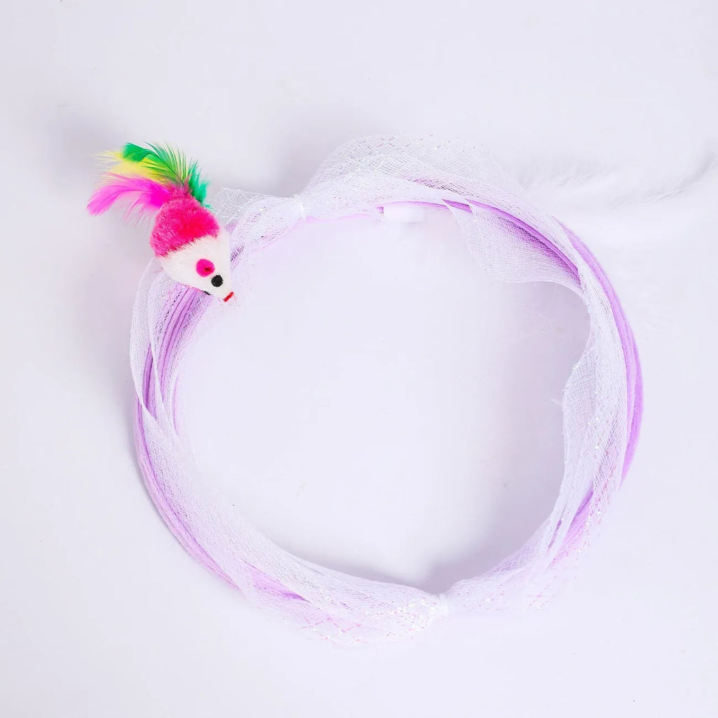 S-type cat tunnel toy with steel wire frame, elastic net covering, and feather attachment for feline play