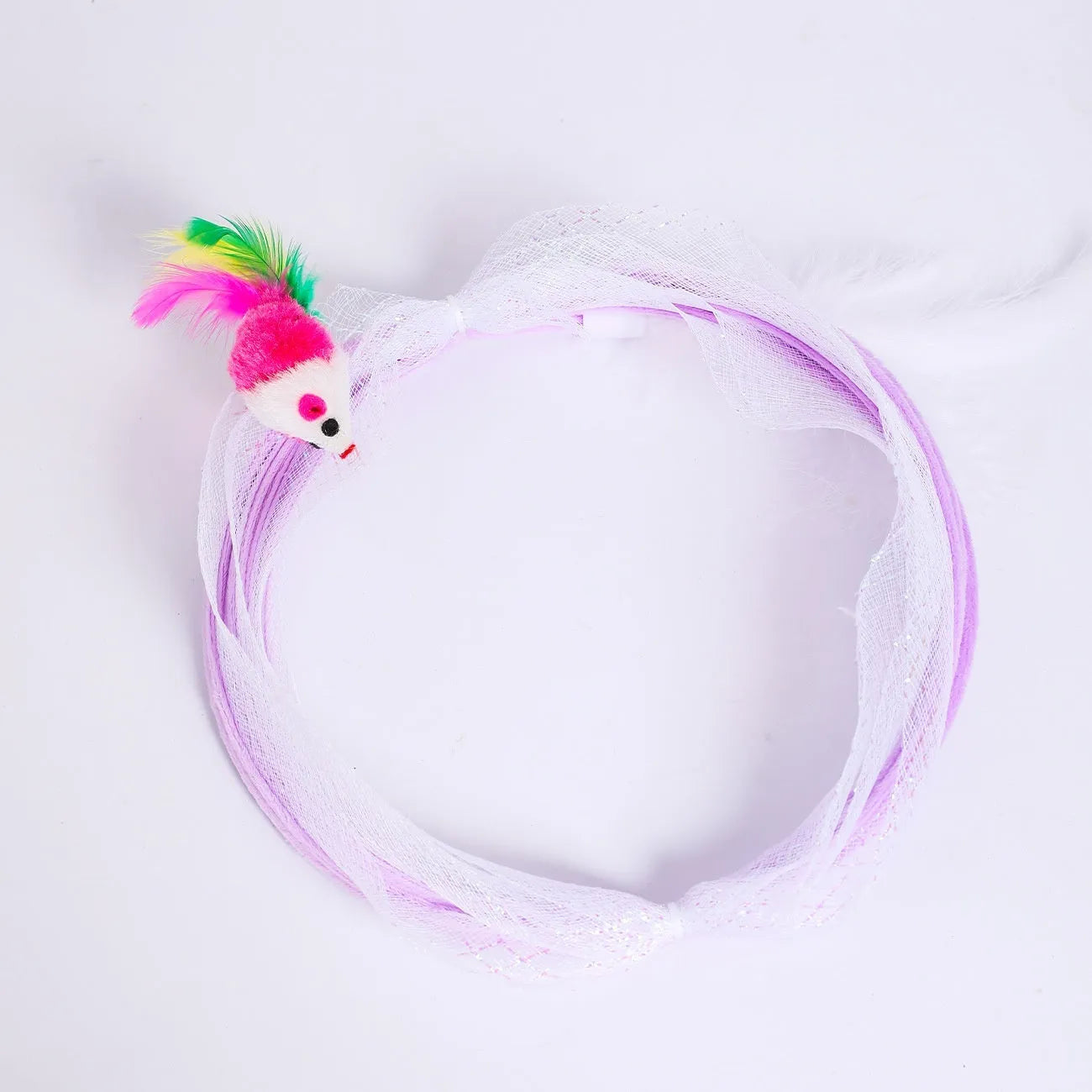 S-type cat tunnel toy with steel wire frame, elastic net covering, and feather attachment for feline play