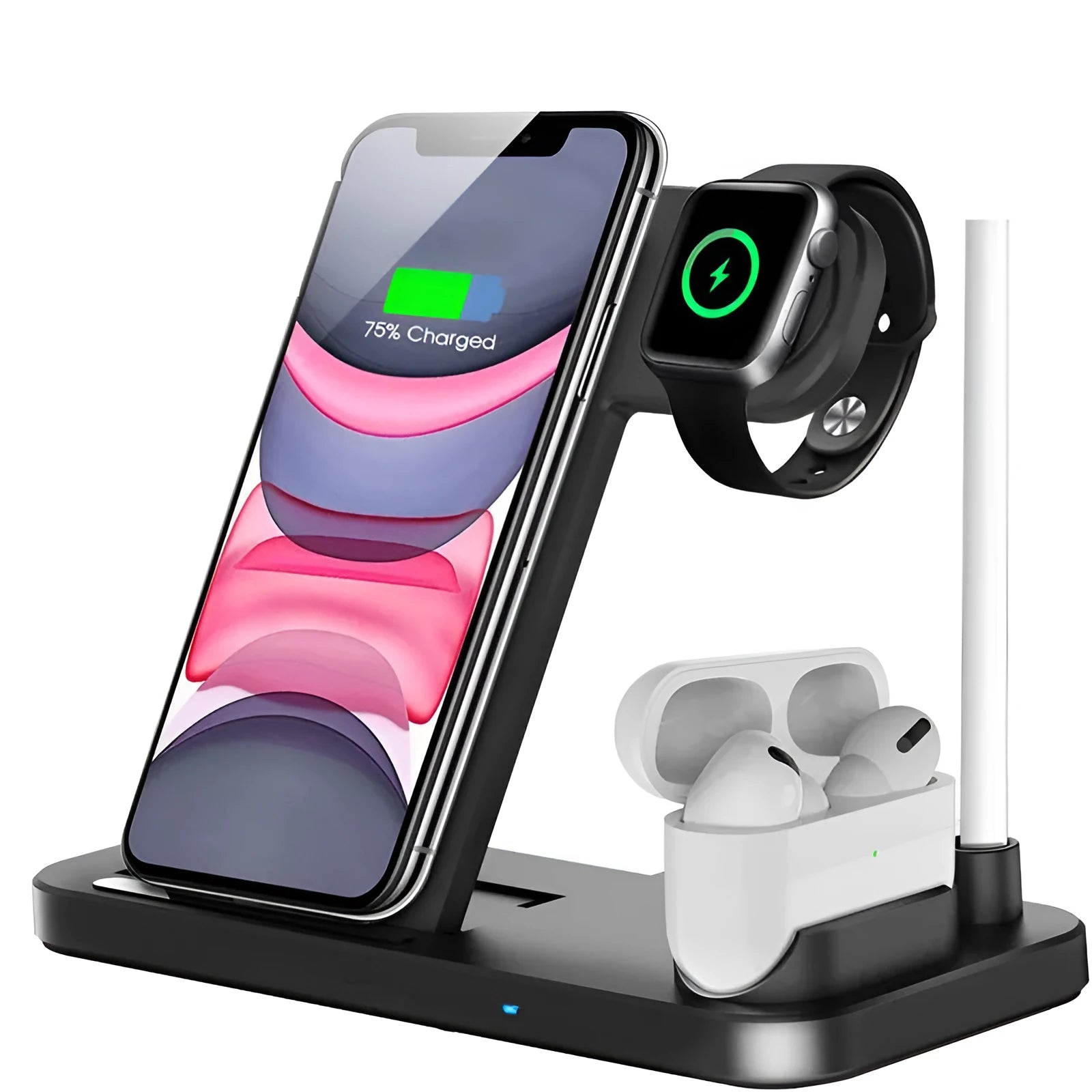 Foldable 4-in-1 wireless charger showing vertical orientation charging Apple iPhone AirPods and Apple Pencil