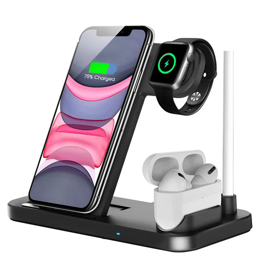 Foldable 4-in-1 wireless charger showing vertical orientation charging Apple iPhone AirPods and Apple Pencil
