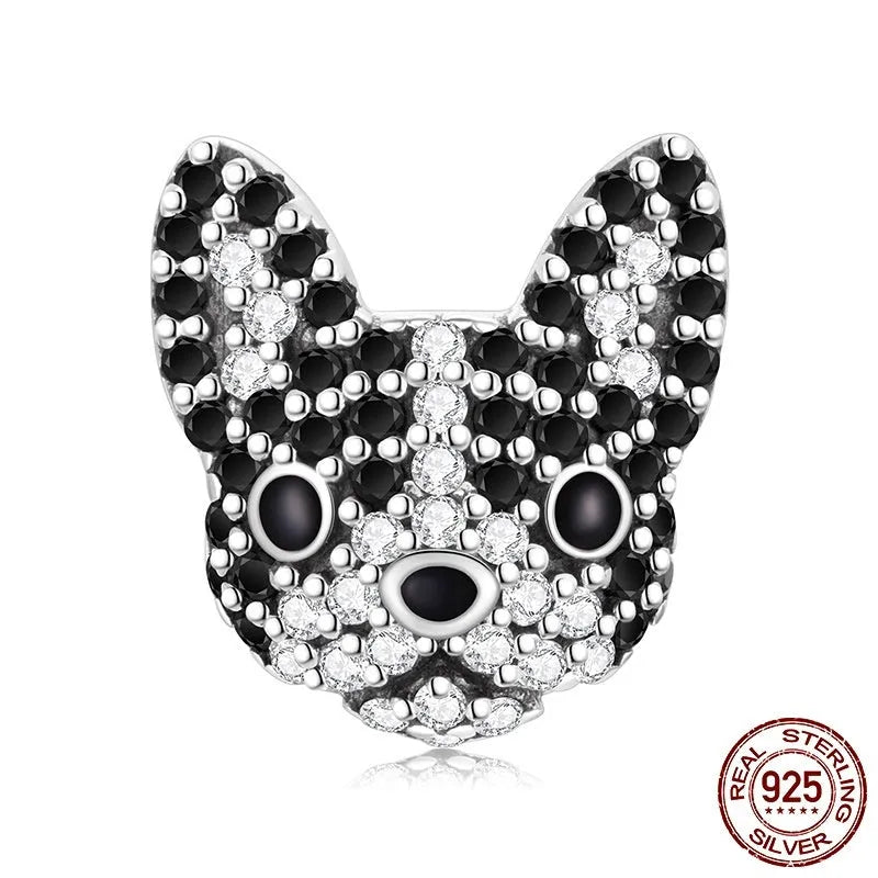 S925 sterling silver Boston dog bead with inlay finish, 1.2 cm height, silver colour