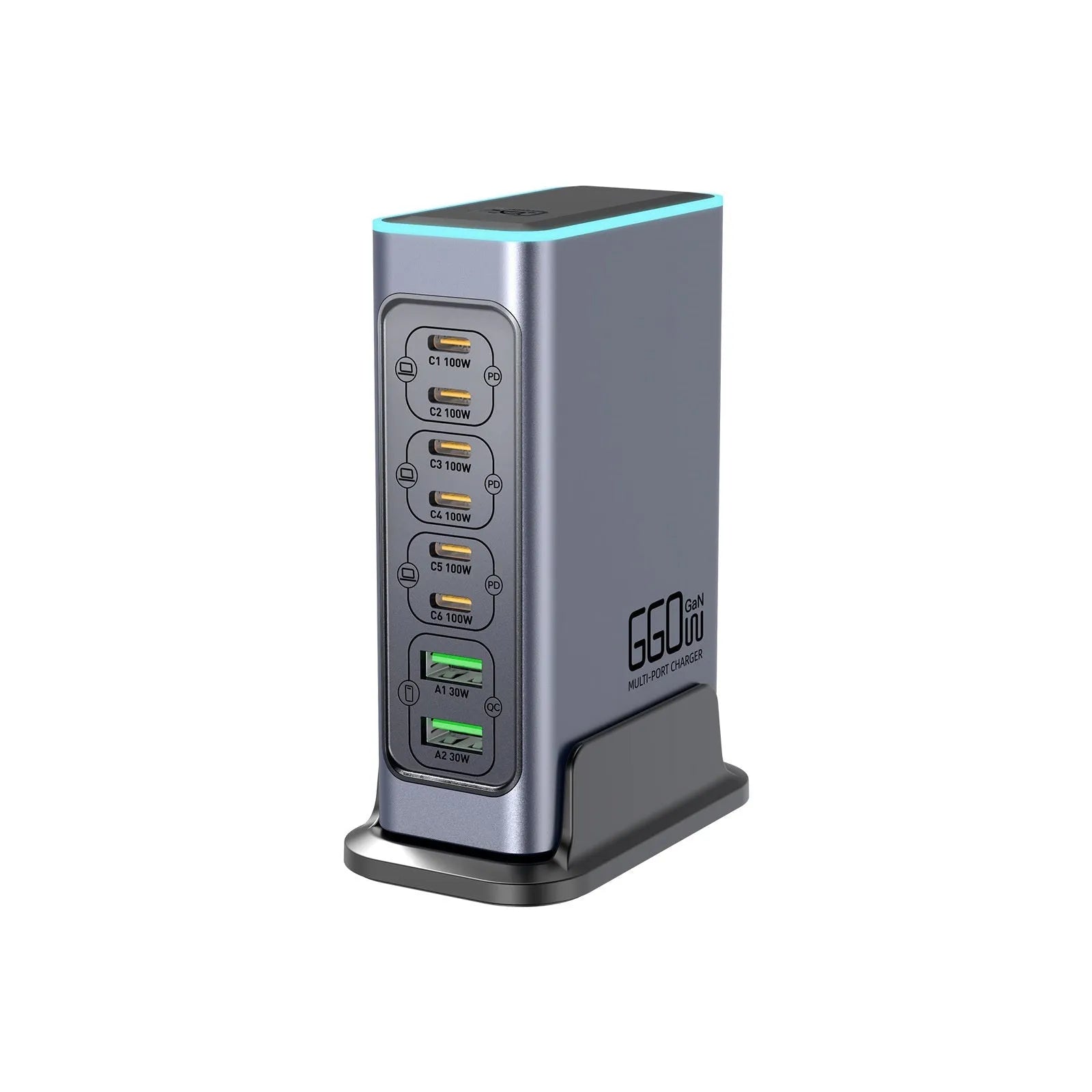 660W Gallium Nitride desktop fast charger with multiple ports and US, EU, UK, AU plug options.