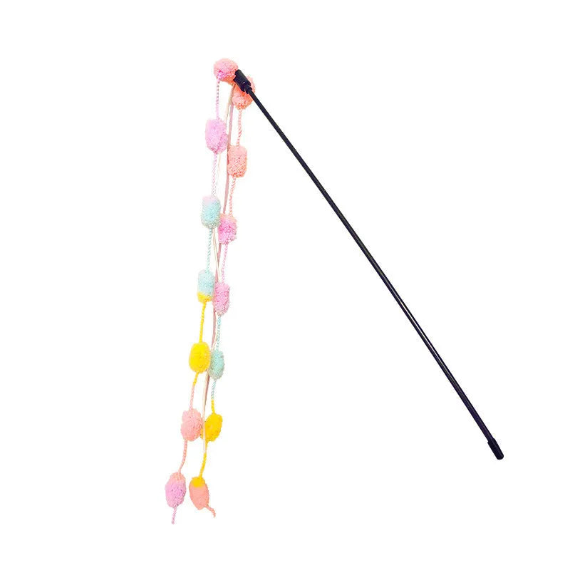 Bite resistant cat teasing stick with plastic wand and knot and wool teaser in orange, blue or pink