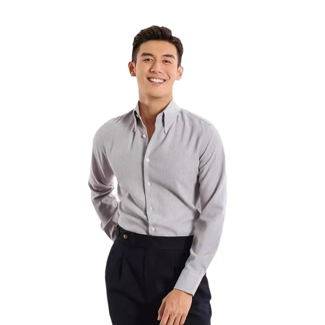 Men's long-sleeved plaid business shirt, non-ironing viscose blend, khaki or dark blue, sizes M-3XL