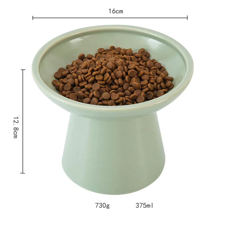 Elevated ceramic cat bowl with wide shallow design in blue green pink or white