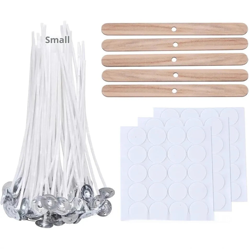 White cotton candle wicks for DIY candle making in three length options on craft background