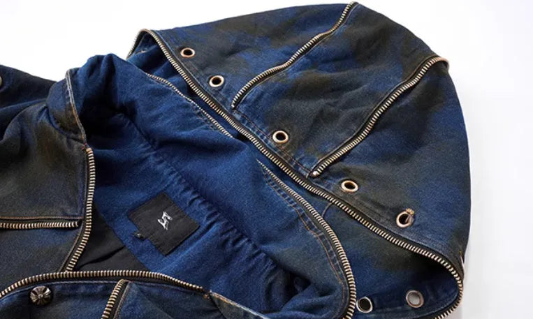 Blue hooded denim vest and matching trousers co-ord set with zip front closure