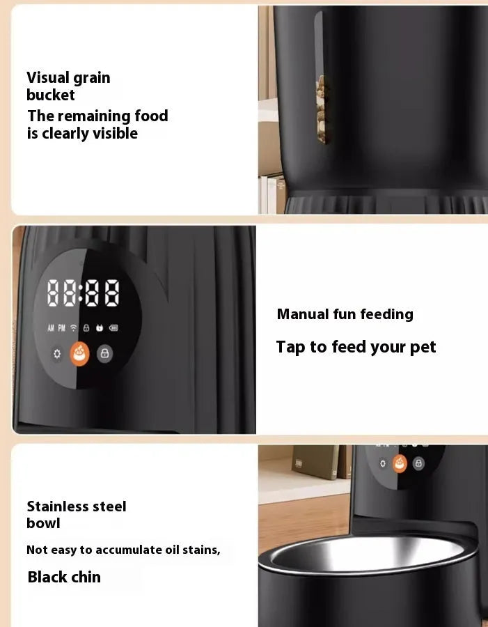 Black automatic pet feeder with digital display and food hopper on a floor