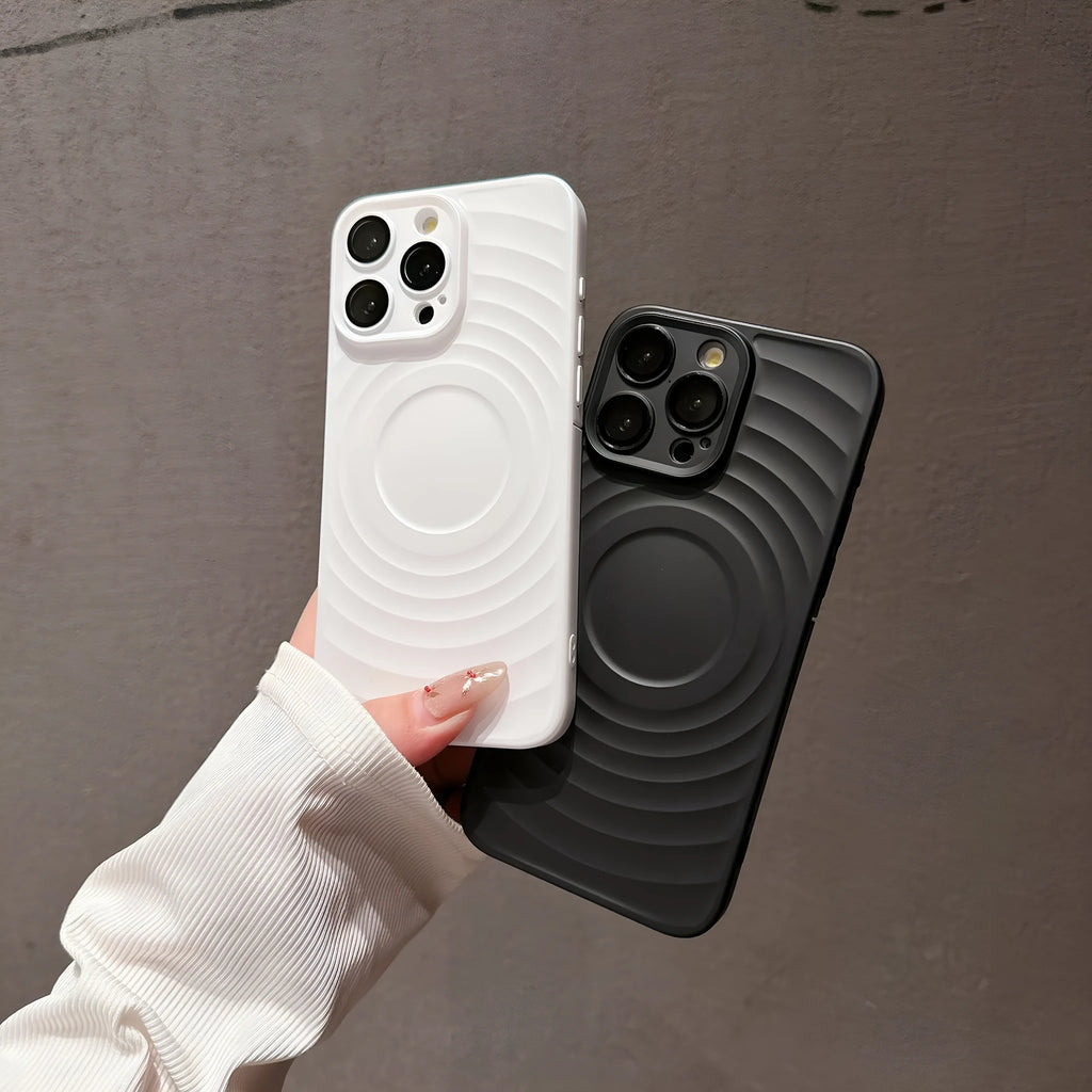 Shockproof oil injection magnetic phone case for iPhone with PC lens glass and frosted finish in black