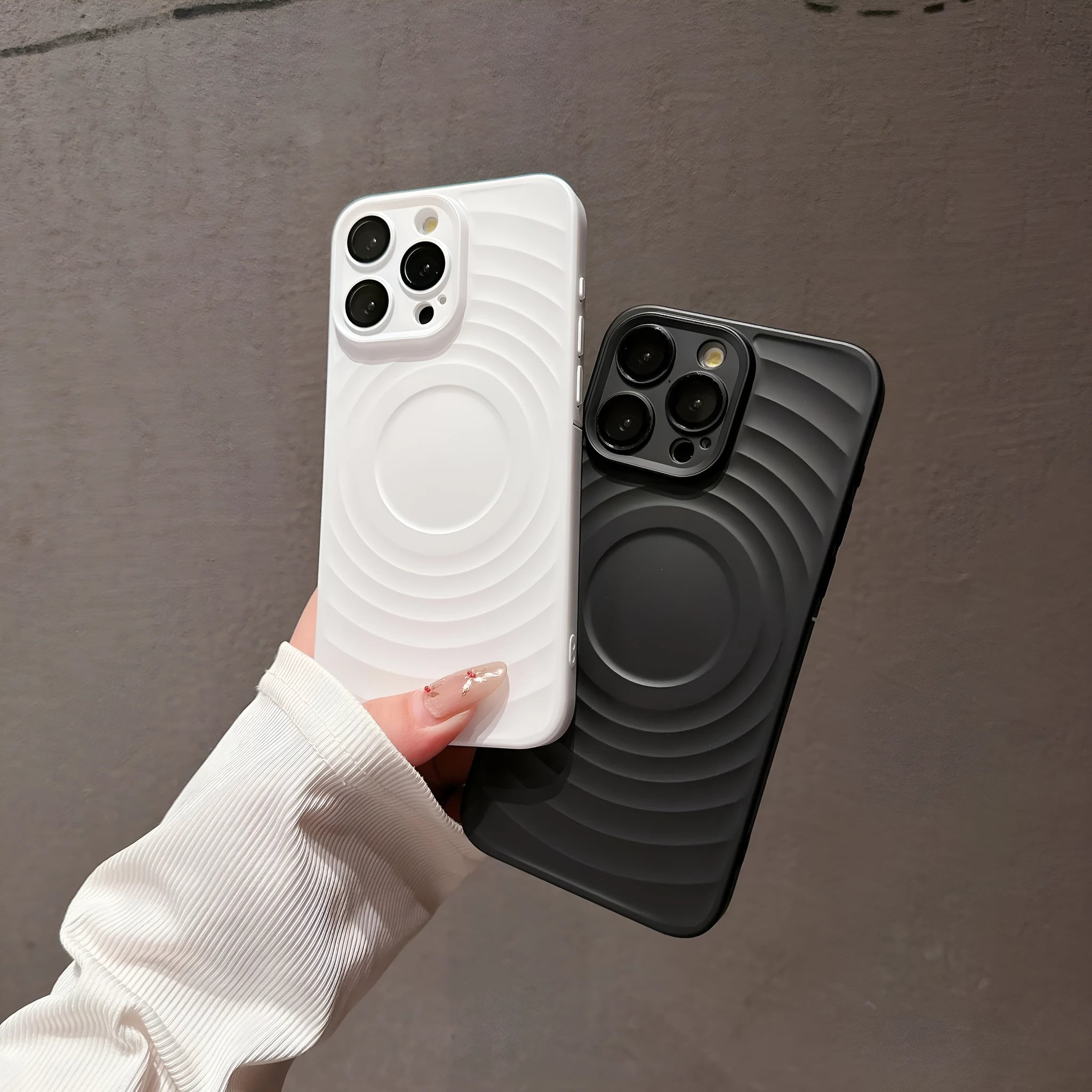 Shockproof oil injection magnetic phone case for iPhone with PC lens glass and frosted finish in black