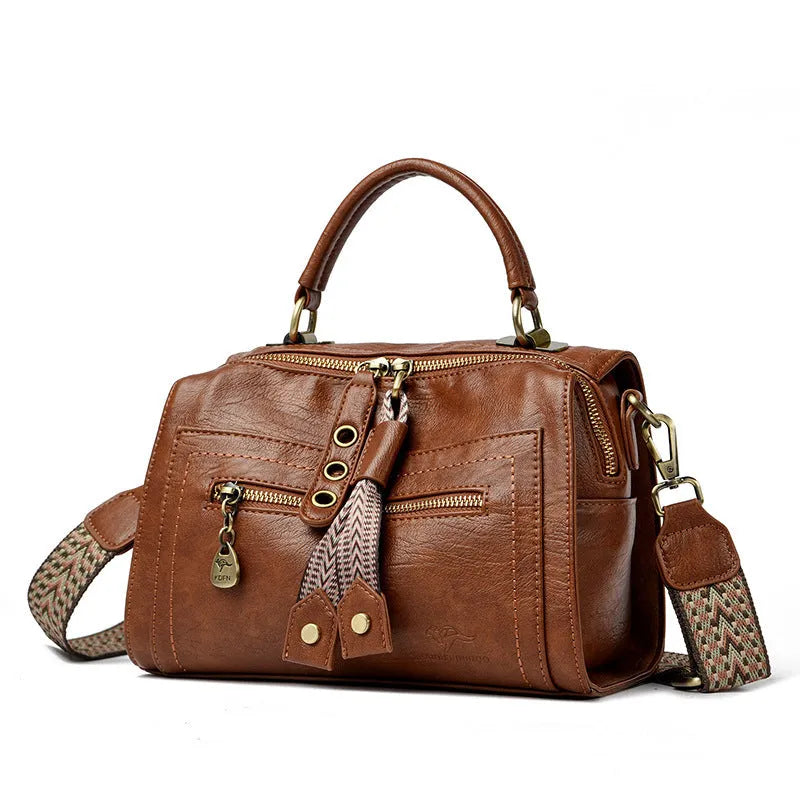 Grey retro-style women's crossbody bag in soft PU leather with horizontal square shape