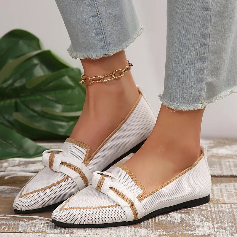 Women's pointed toe bow flat shoes in flyknit, slip-on design, available in five colours and sizes 36-43