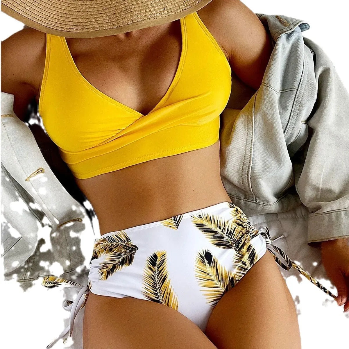 Women's nylon drawstring bikini set in black, high waist backless briefs, front view