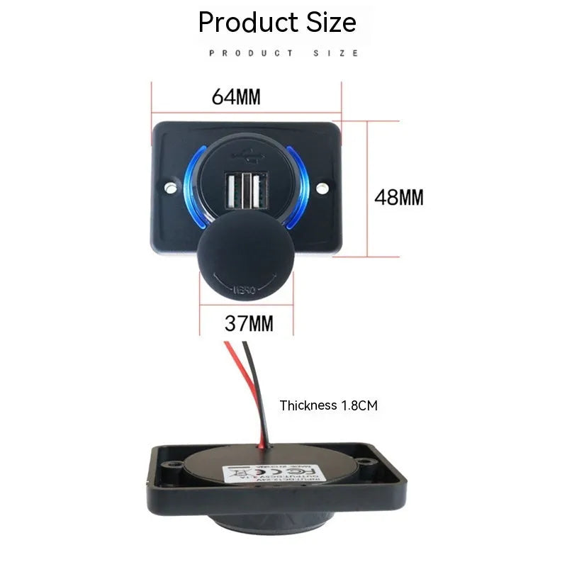 Black dual USB car charger with two mounting screws for 12V or 24V vehicle installation