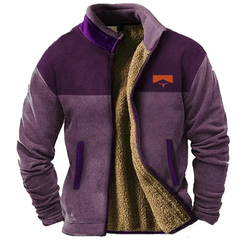 Men's green fleece-padded polyester coat on a hanger, regular length.
