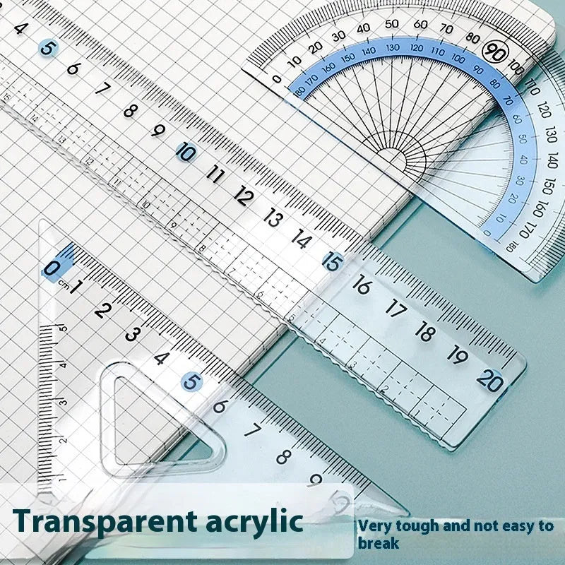 Youpai transparent acrylic drawing ruler set with square and protractor on a design sketch.
