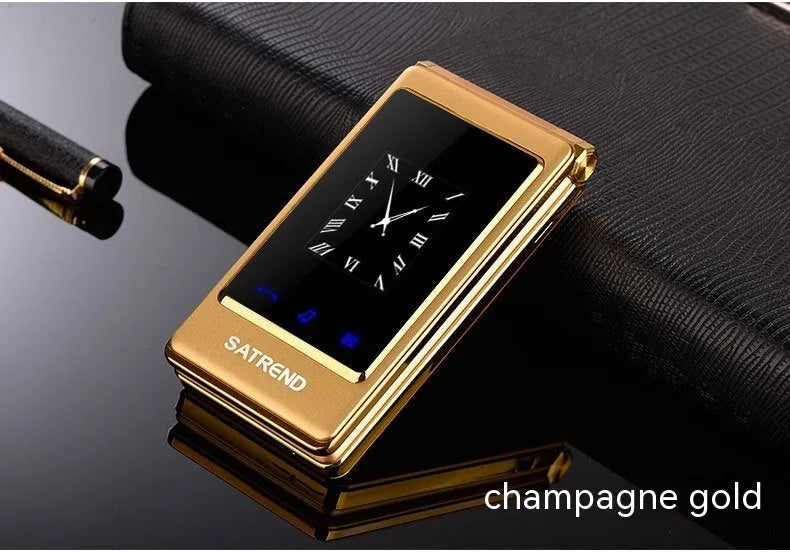 Dual screen flip phone in black colour showing both internal touch screen and external display