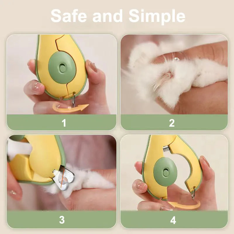 Professional pet nail clipper with LED light on, in green, pink, and white colour options for small dogs and cats.