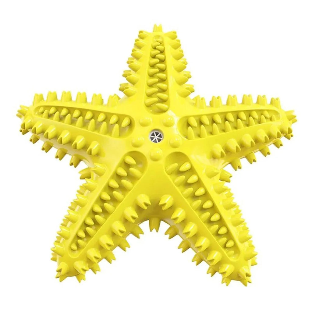 Edible TPR starfish dog toy for large breeds in blue green yellow colours with squeaker