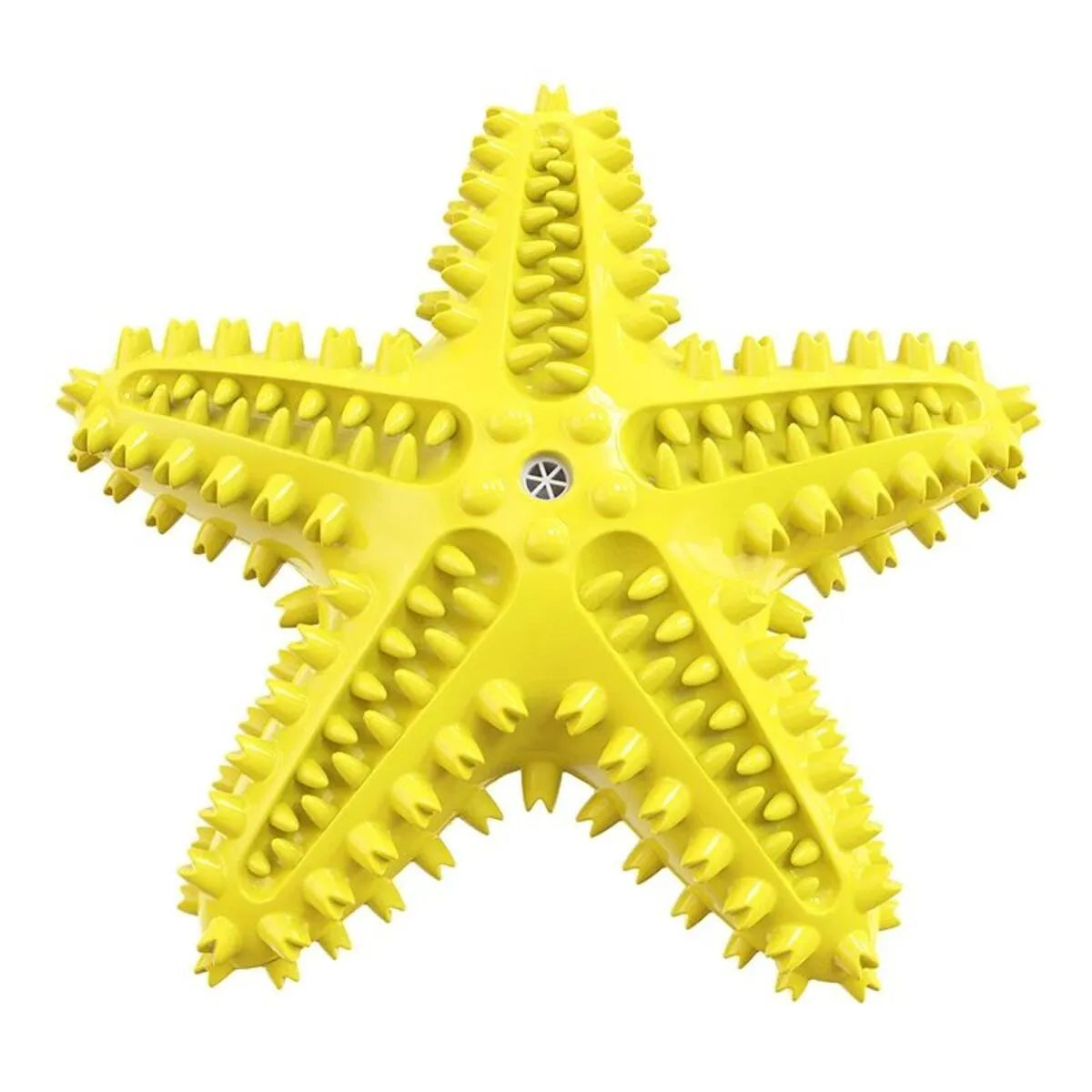 Edible TPR starfish dog toy for large breeds in blue green yellow colours with squeaker