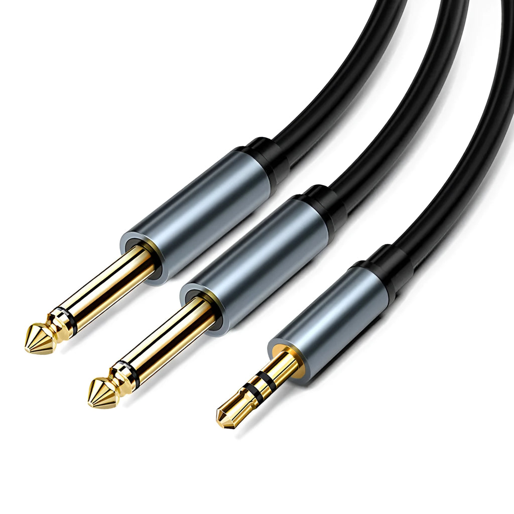 3.5mm to dual 6.5mm male audio cable with black PVC jacket and gold-plated connectors.