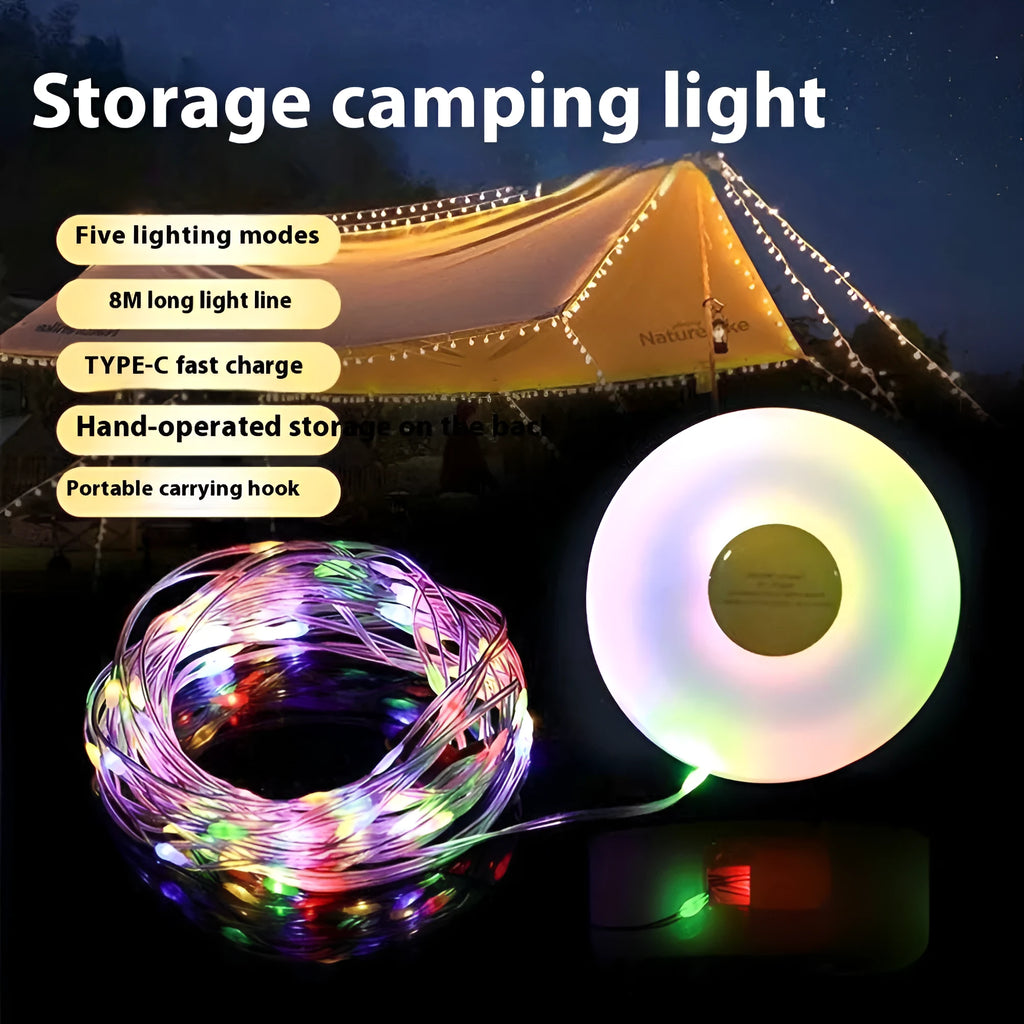 Rechargeable outdoor tent string lights in warm white and colourful LED options on an 8-metre cord