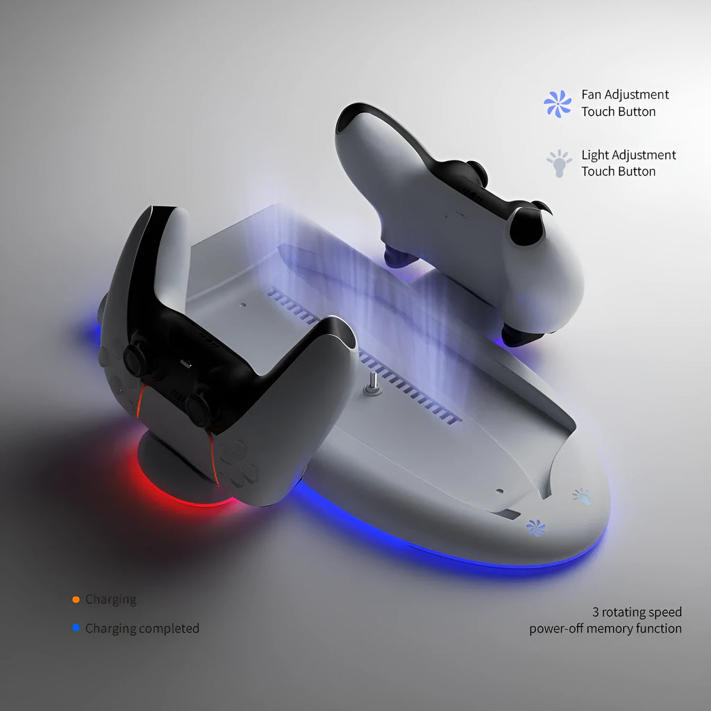 White PS5 cooling stand with RGB lighting and integrated controller charger for PS5 Slim consoles