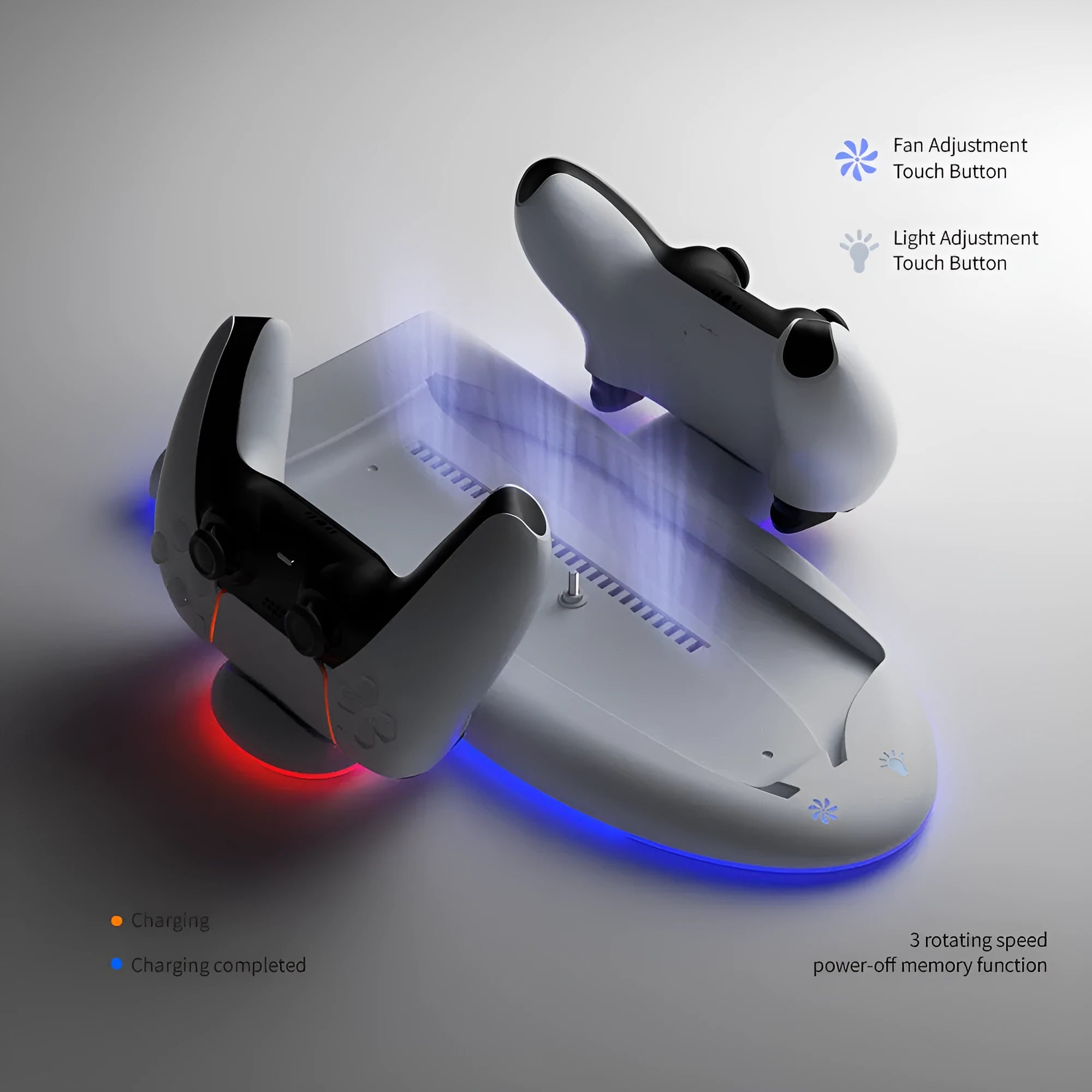 White PS5 cooling stand with RGB lighting and integrated controller charger for PS5 Slim consoles