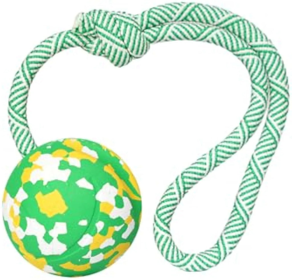 Natural rubber dog ball attached to a nylon rope for fetch and tug-of-war games.