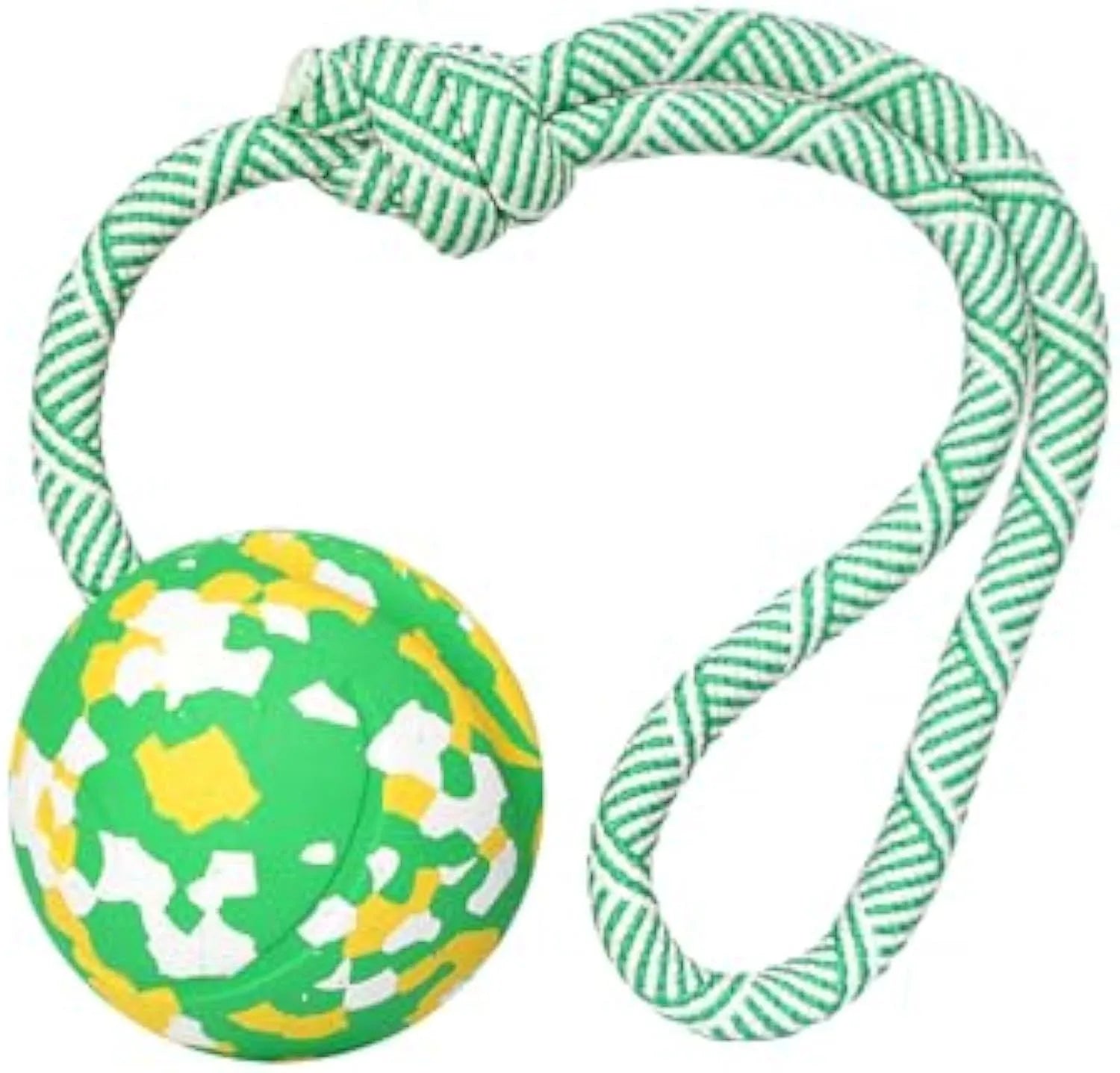 Natural rubber dog ball attached to a nylon rope for fetch and tug-of-war games.